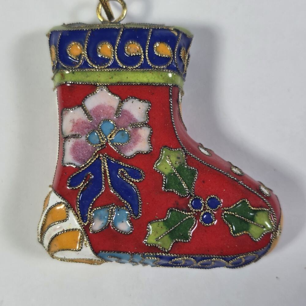 Vintage Cloisonne Christmas Stocking Ornament Red Floral Holly Enamel Holiday